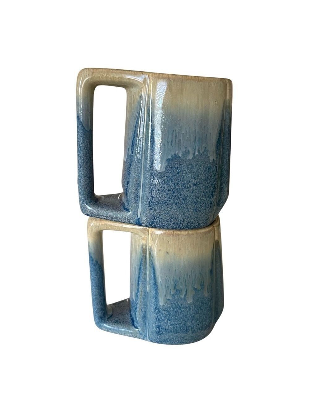 Set of Two Padilla Blue Cream Drip Glaze Pottery Mexican Mugs D-Handle Stackable